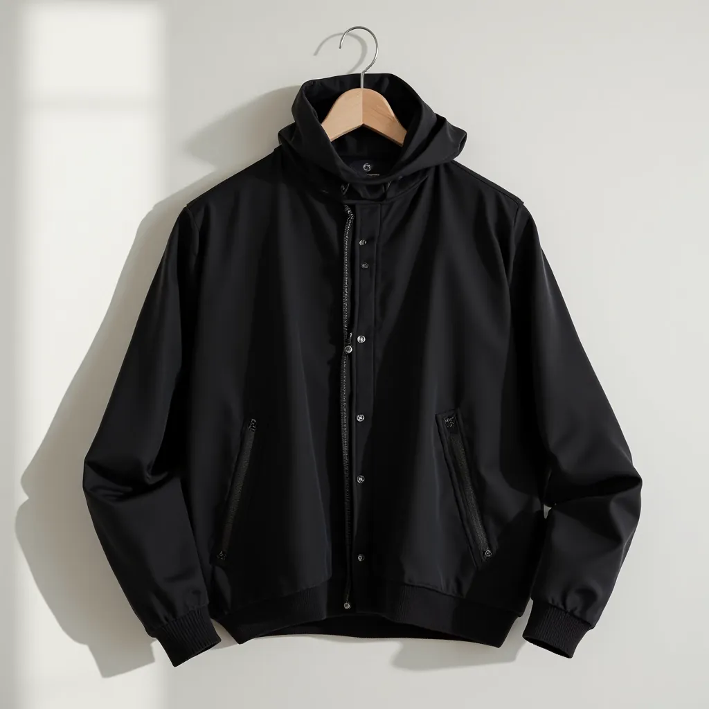 Neatly folded black cotton jacket laid flat, showing fabric drape and color uniformity, soft natural lighting highlighting texture