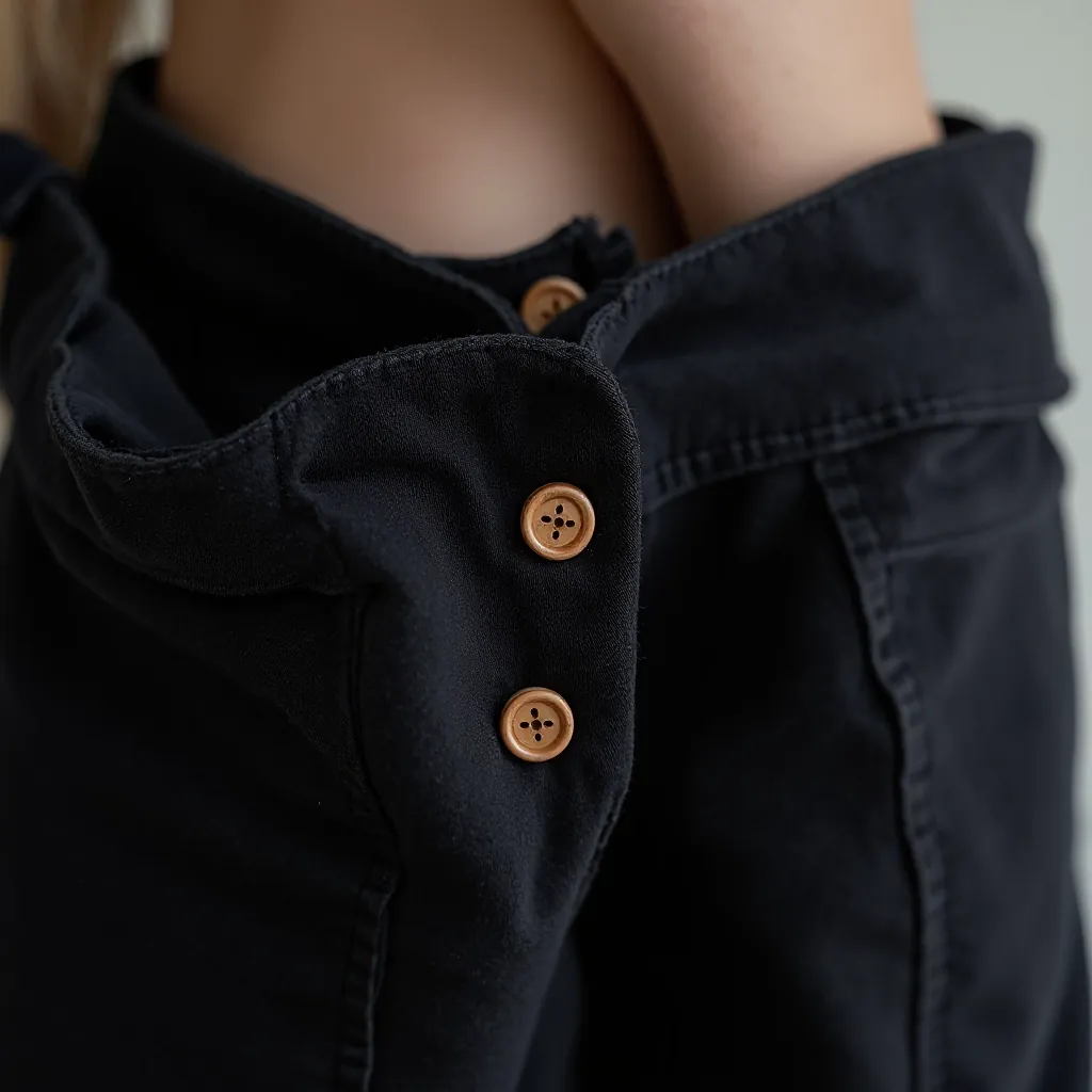 Close-up detail of black cotton jacket showing topstitched seams, wooden button construction, and fabric texture with even lighting highlighting the stitching quality