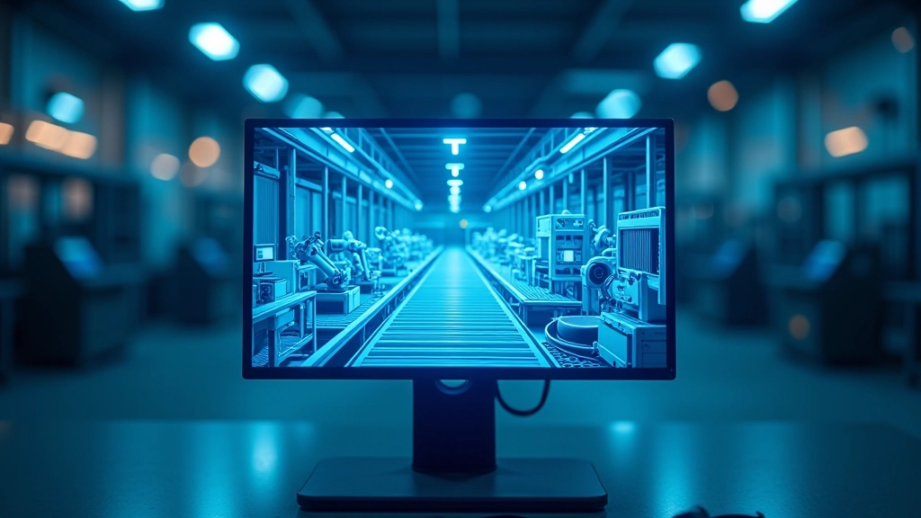 Monitoori ekraan näitab virtuaalse tootmisliini 3D-mudelit erinevate masinate ja anduriteabega