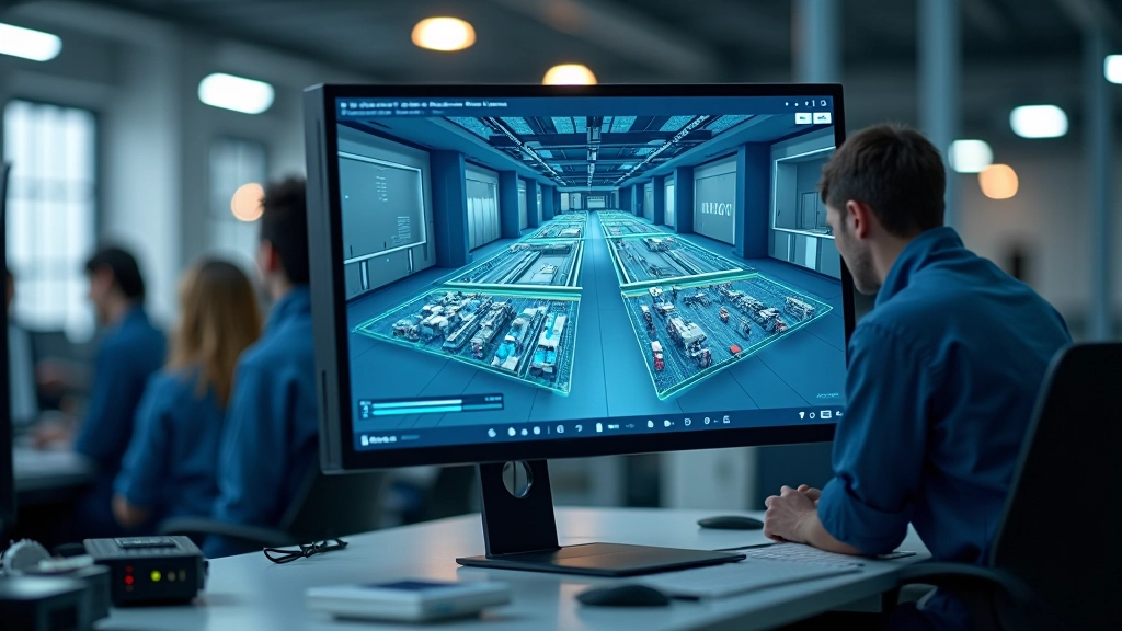 Digitaalse kaksiku ekraan näitab tehasekeskkonna simulatsiooni reaalajal