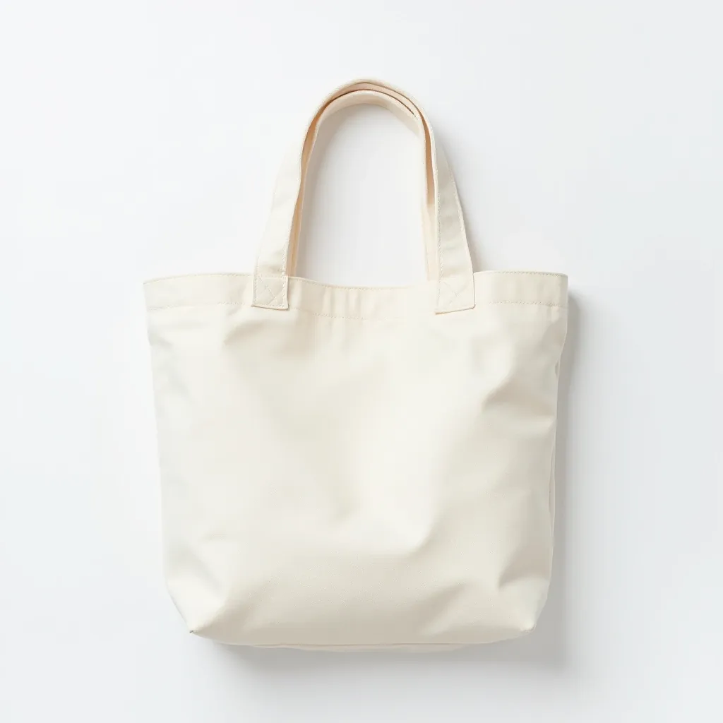 Flat lay product shot of cream canvas tote showing full dimensions and shape from above, white background with ruler reference
