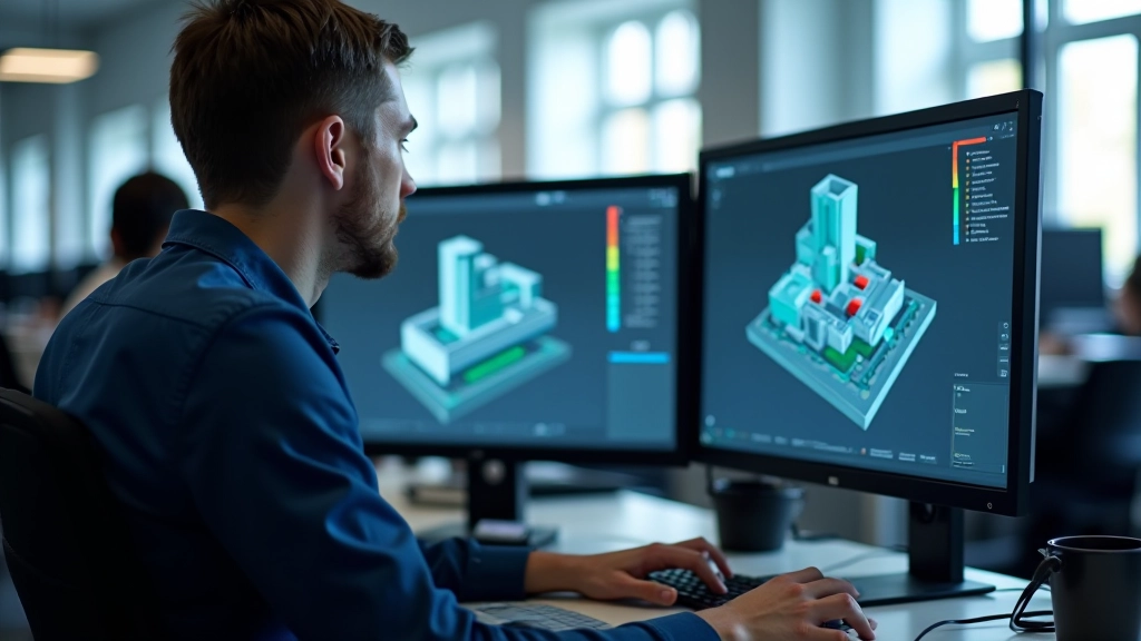 Õpilane vaatab monitorit, millel töötab 3D simulaator tehase protsessist