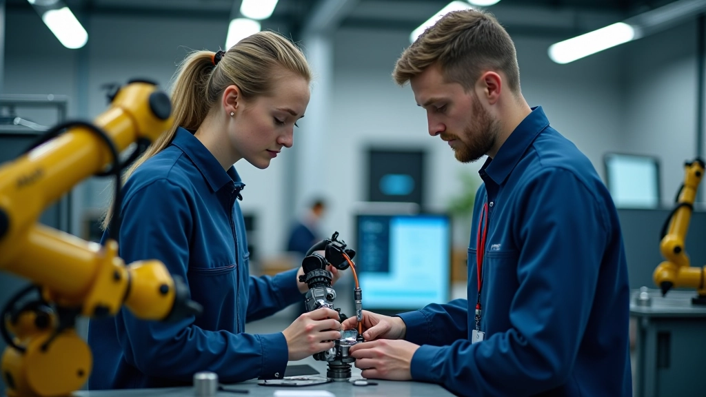 Kaks õpilast tegelevad koostöörob otiga, mis hoiab osa ja õpilane juhatab roboti liigutusi