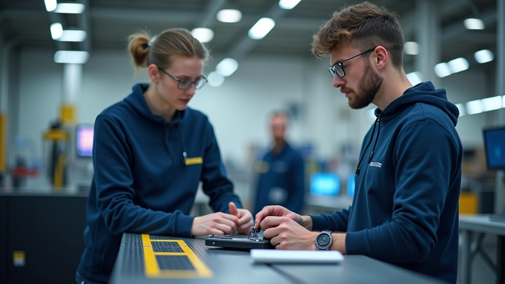 Kahekesi õpilast tööd teevad roboti sensoriummiga, tähelepanelik juhendaja