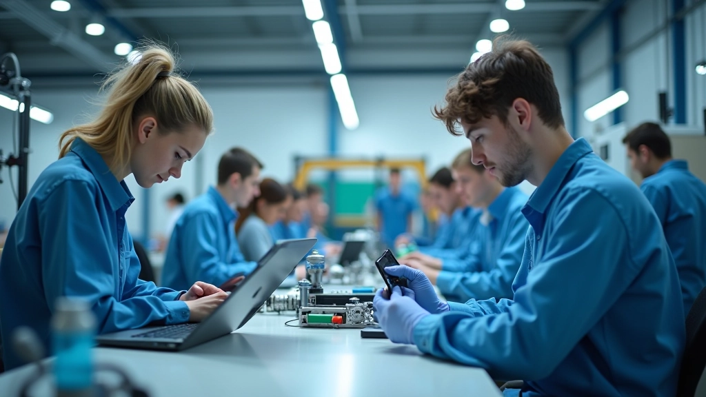 Robootikalab varustatud mitme koostöörob otiga, õpilased töötatavad koos masinaga