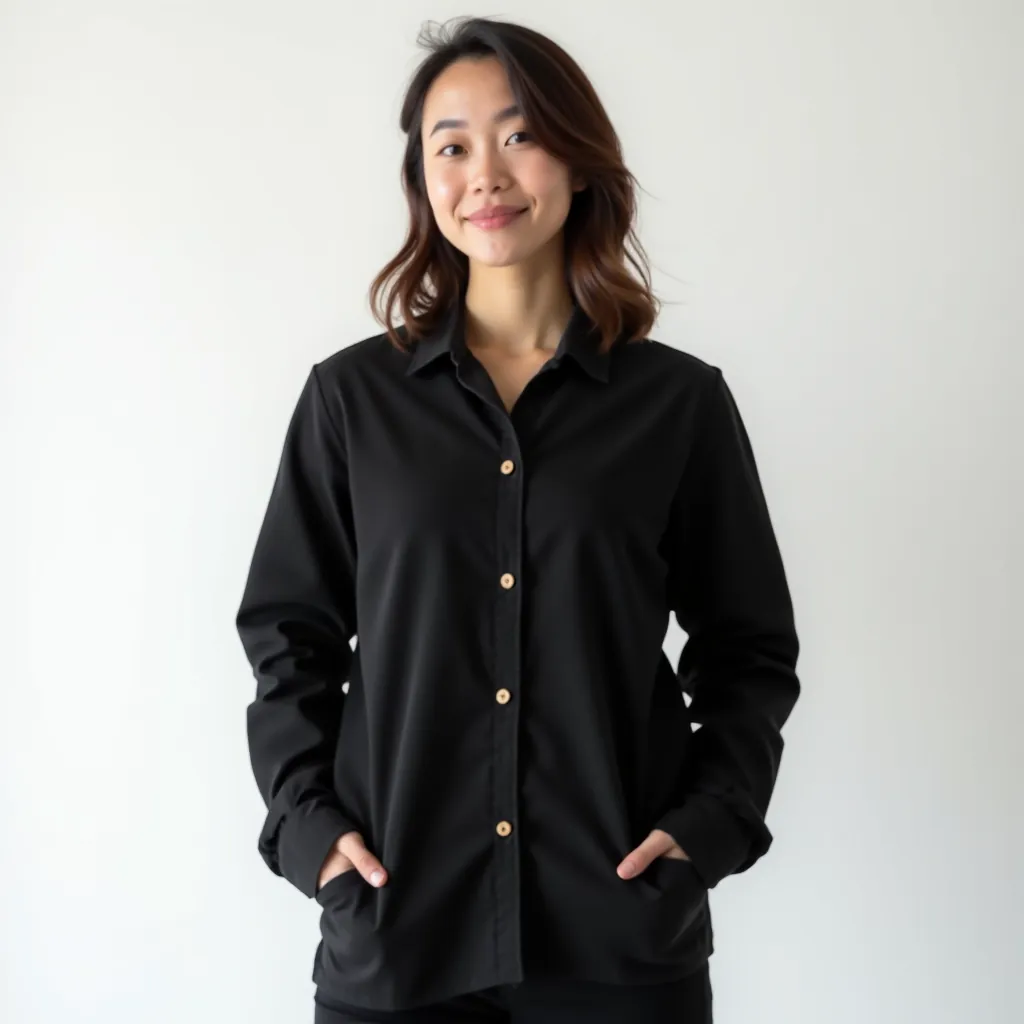 Structured cotton jacket worn on model, showing tailored fit through the shoulders and waist, wooden button details, and how the hem sits at hip length for flattering proportions