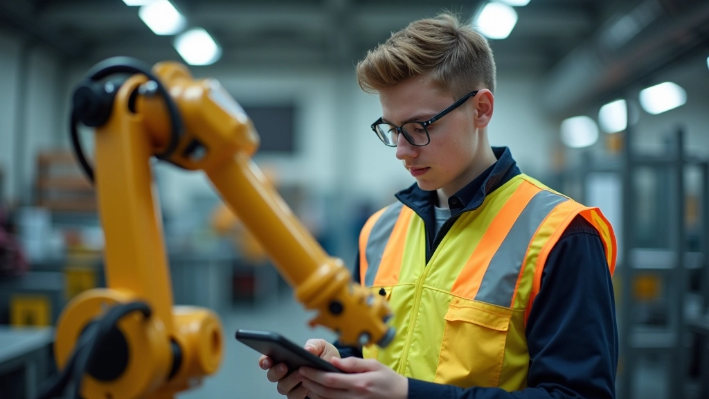 Noor kutsekooli õpilane õpib koostöörobotiga ohtu praktilises laboris